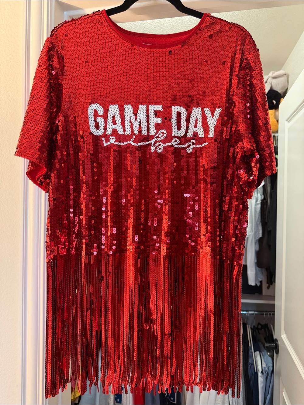 Red Sequin "Game Day Vibes" Fringe Top